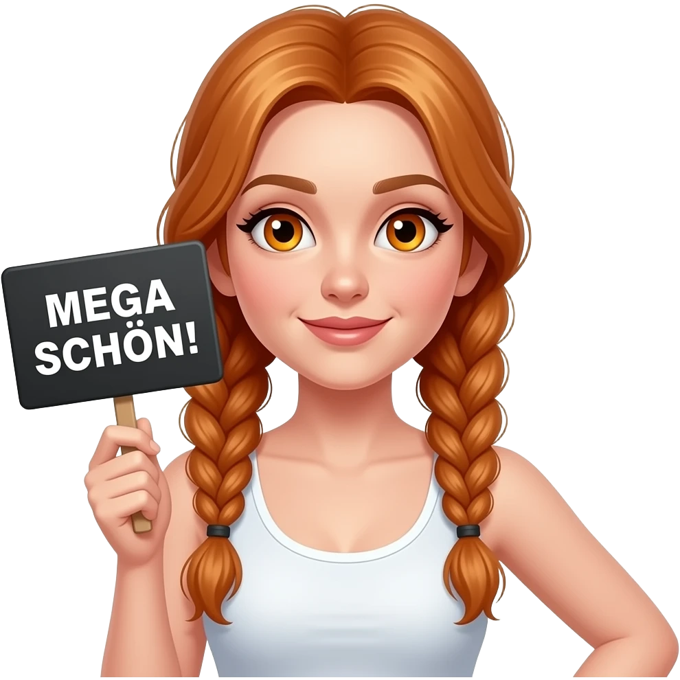 sexy girl with long ginger braids and ginger eyes wearing a white tanktop is holding a black sign with MEGA SCHÖN! written on it emoji