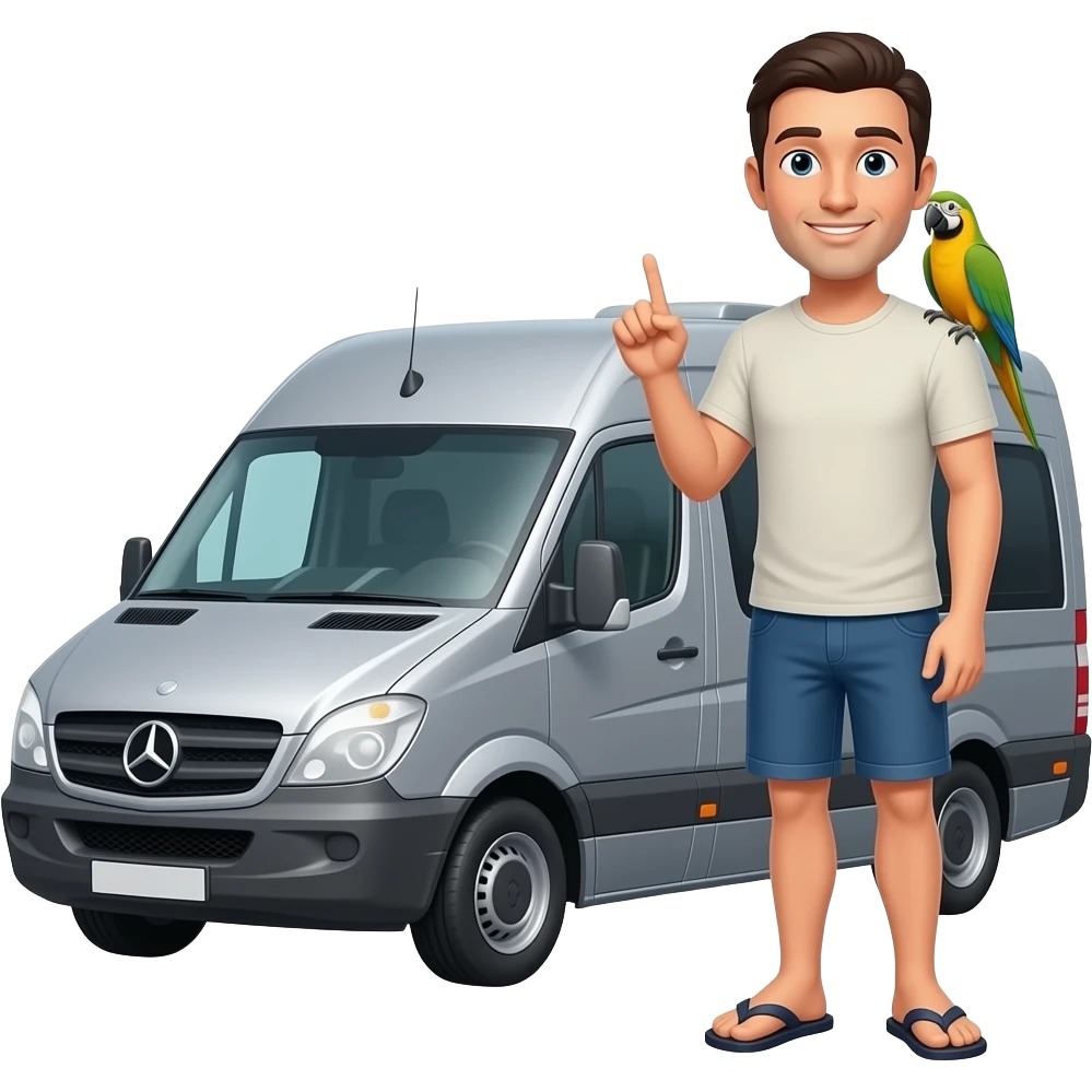 Slim very short dark haired man in shorts and flip flops standing next to a grey Mercedes low roof style rv with a dig and parrot emoji emoji