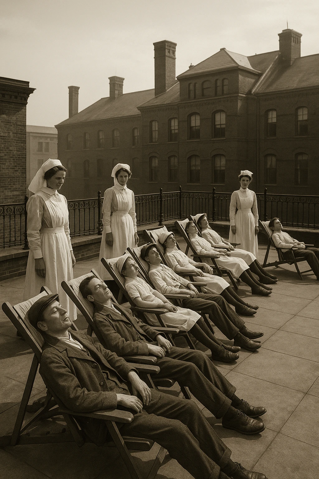 A realistic cinematic image of a hospital rooftop solarium from the 1900s, patients sunbathing under nurse supervision for heliotherapy against tuberculosis and rickets. emoji