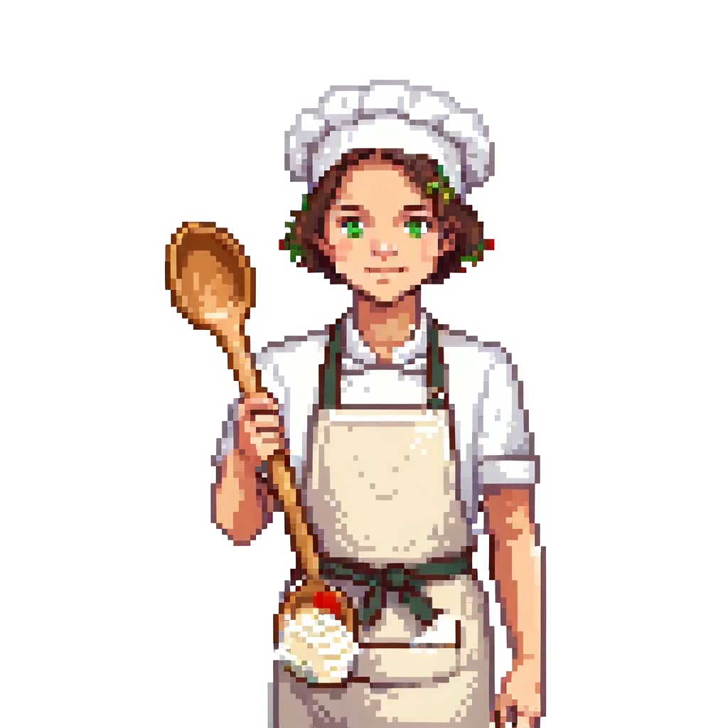 Portrait of a young baker with a simple cloth apron, flour on his hands and cheeks, holding a wooden spoon, skeuomorphism style emoji