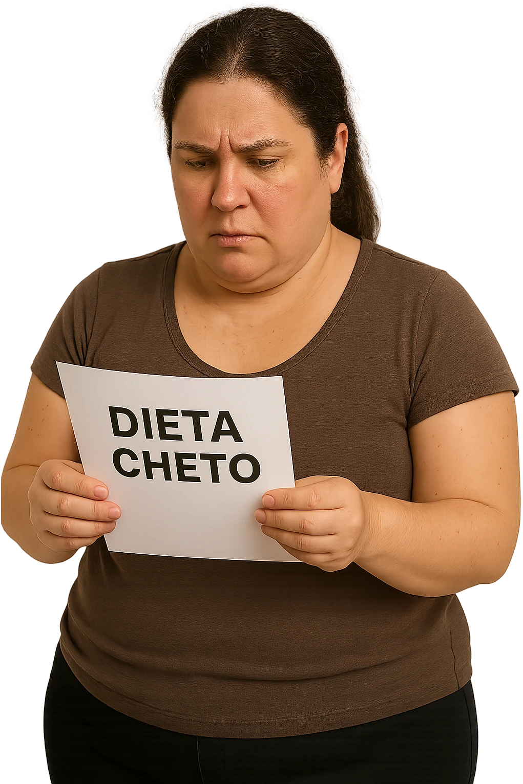 donna realistica leggermente in sovrappeso che legge un foglio con la scritta "dieta Cheto", sfondo bianco, iperrealistica 4k, IPERREALISTICA 4K emoji