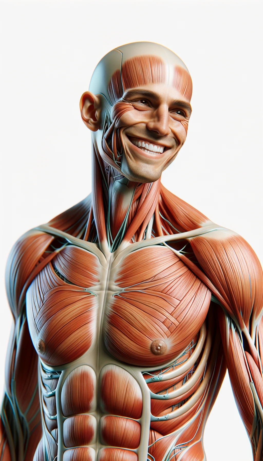 corpo umano anatomico a figura intera che sorride rilassato, iperrealistico 4k, isolato su sfondo bianco emoji