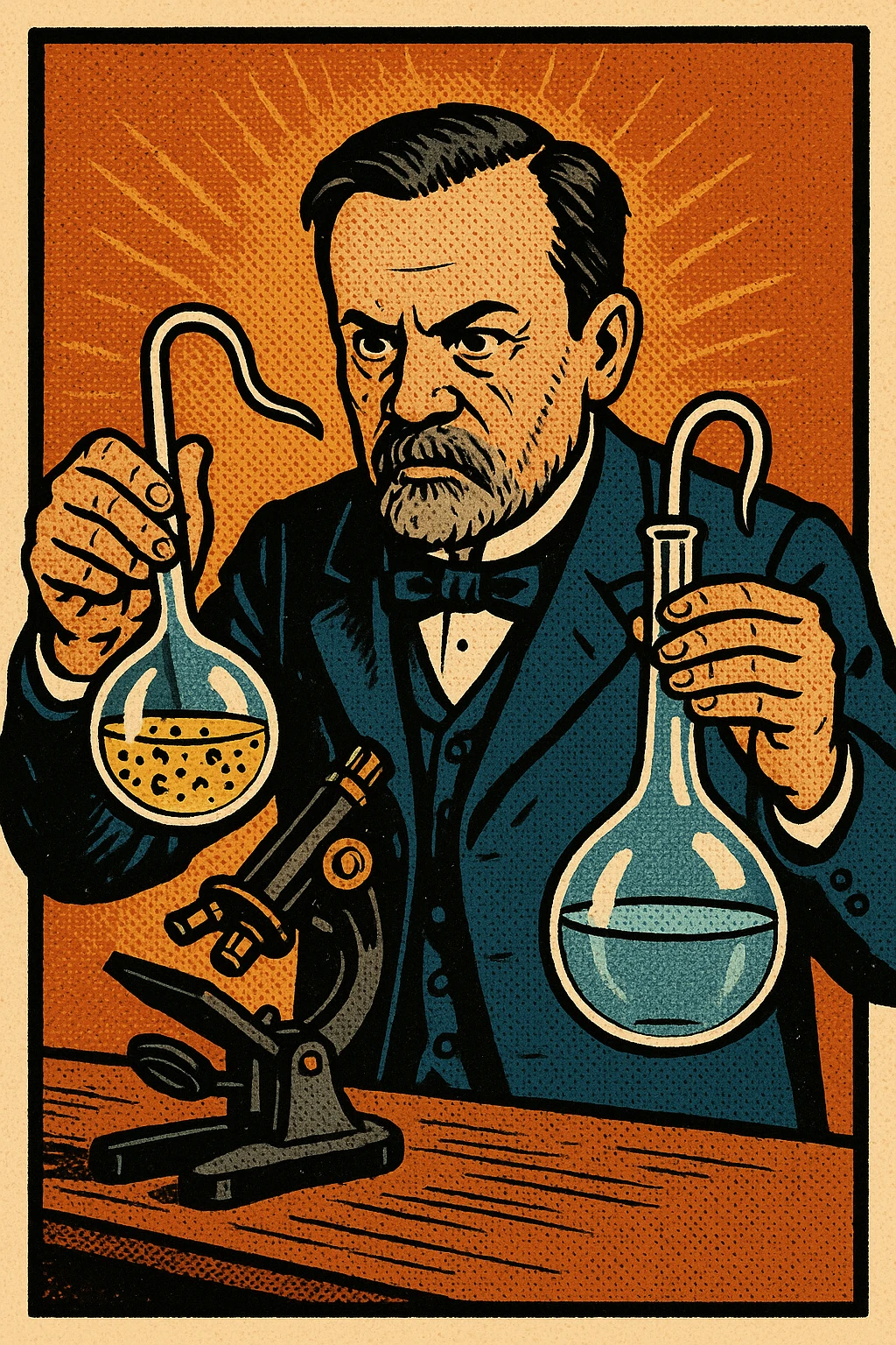 A victorian scientist like Louis Pasteur experimenting with two glass swan neck flasks.  One of the flasks has an open top and contains lot of bacteria in the water.  The other flask is sealed and contained clear water.  There is also a microscope on Pasteur's desk emoji