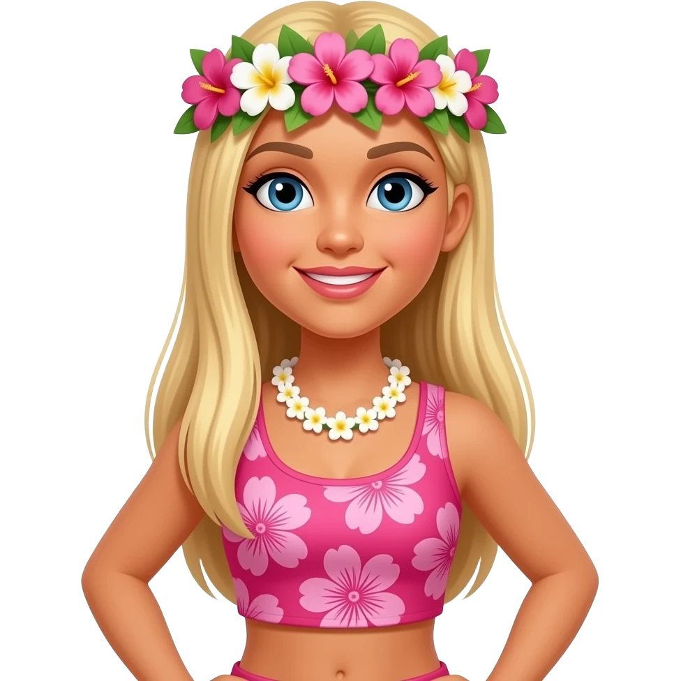 Full body Hawaiian hula dancer with straight blonde hair and blue eyes with a flower crown and a cropped pink print tank top emoji