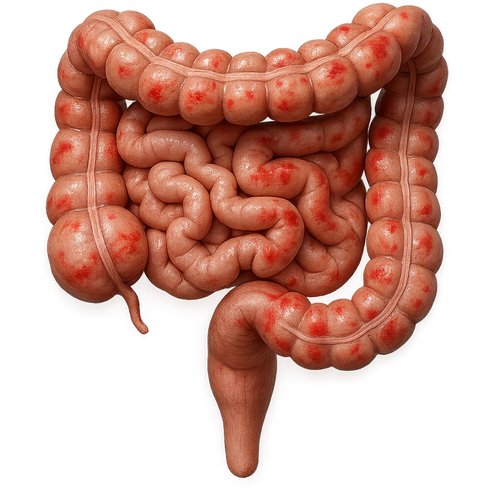 intestino umano anatomico con rossori sparsi sul colonm, iperrealistico 4k emoji