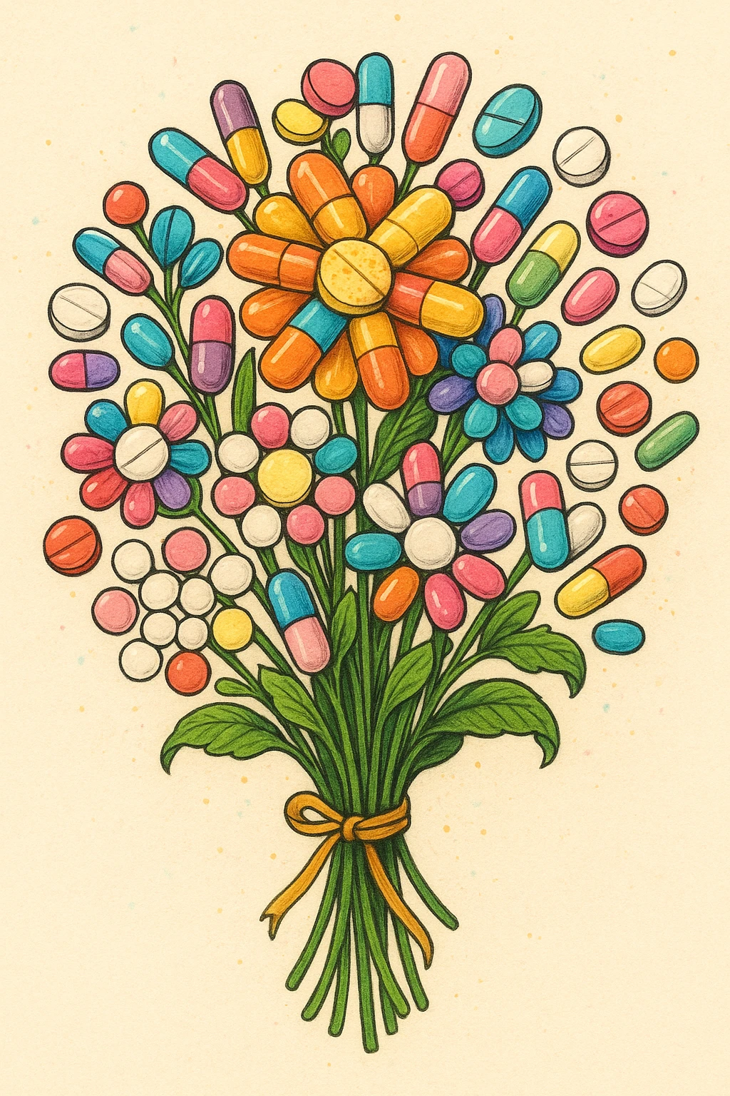 a bouquet of capsules and tablets arranged like flowers, playful and vibrant emoji