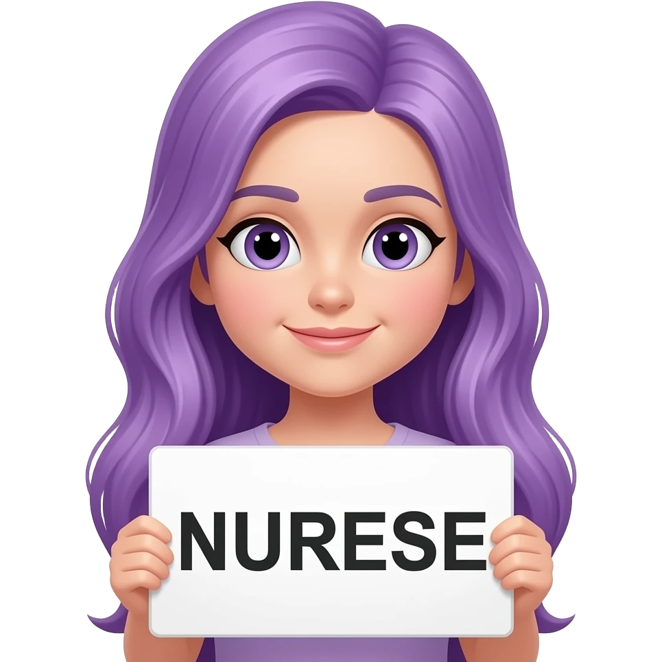 girl with long purple hair with a NURESE sign emoji