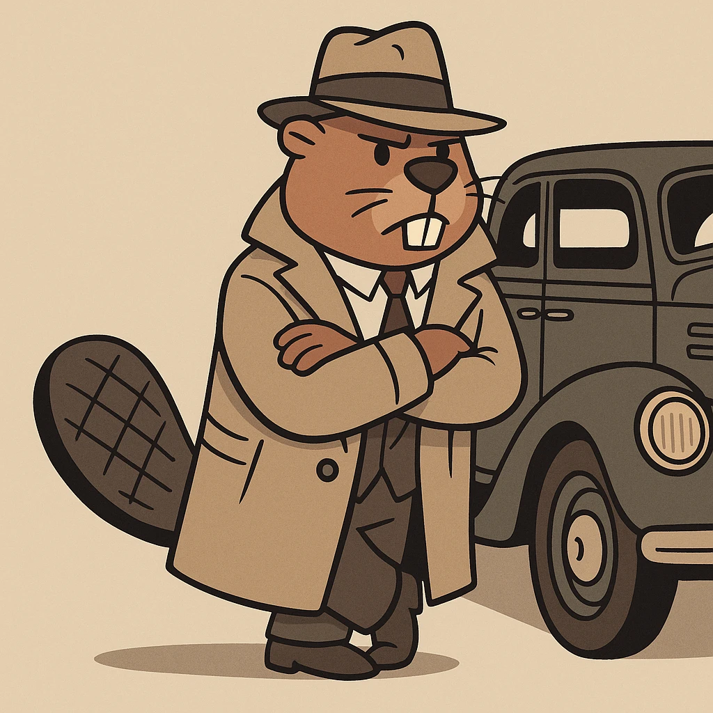 beaver in a trench coat and hat, leaning against a vintage car, gangster theme, cartoon style emoji