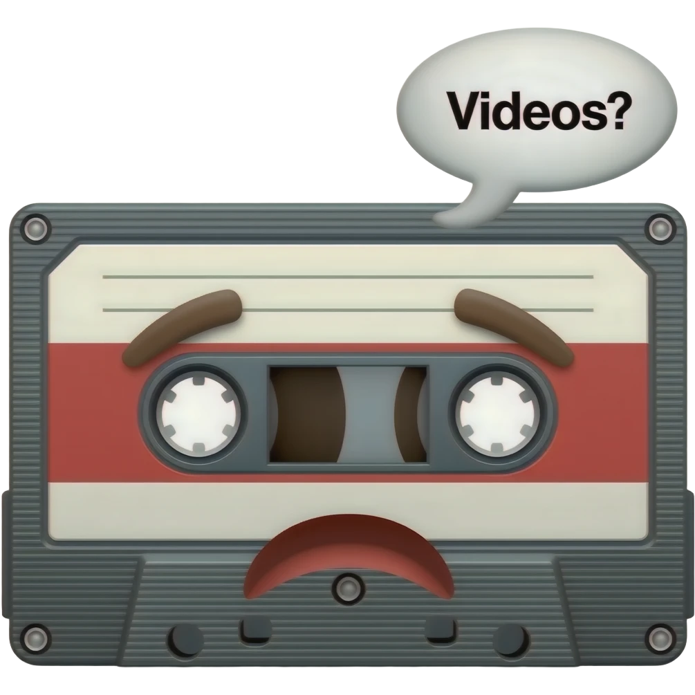A 3d vintage audio cassette morphed into a sort of square face with a confused expression. A word bubble reads: "Videos?" emoji