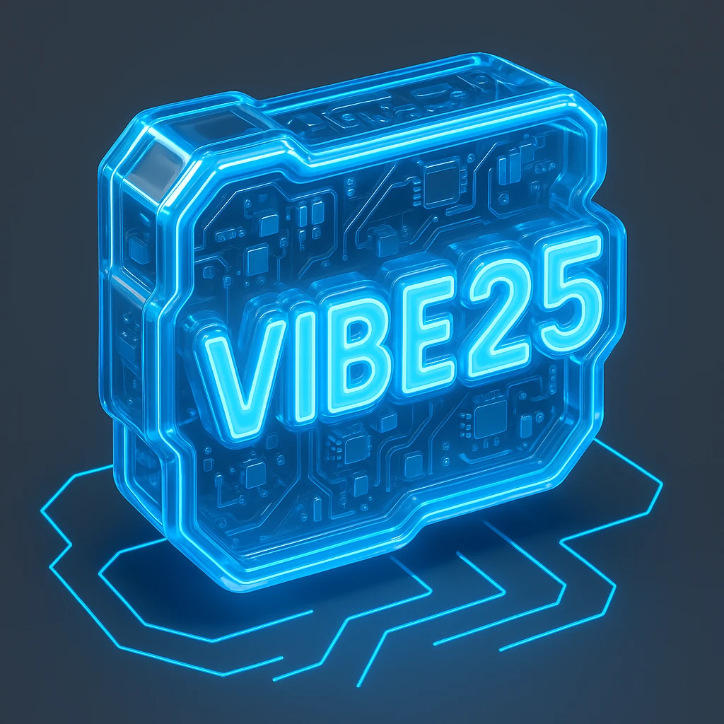 Make the VIBE25 logo slightly larger with a dark grey background instead of black. Keep the Tron-inspired neon blue outline, circuit background, and strong glow. Maintain high legibility and bold geometric font style. emoji