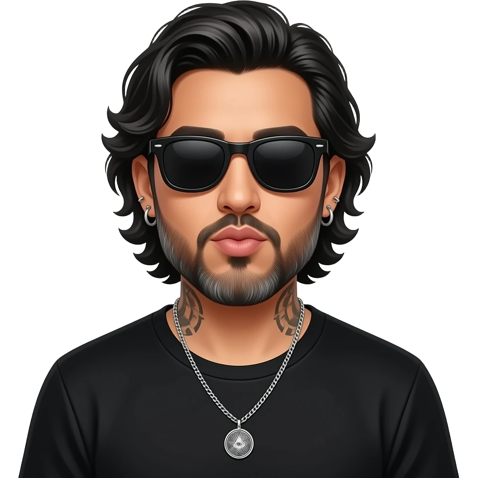handsome, manly Latino podcast host with black colored eyes wearing black with silver jewelry, with medium length hair, a very long, lightly graying beard and tattoos, his ear pierced and right nostril as well, dark sunglasses. Blows kiss emoji