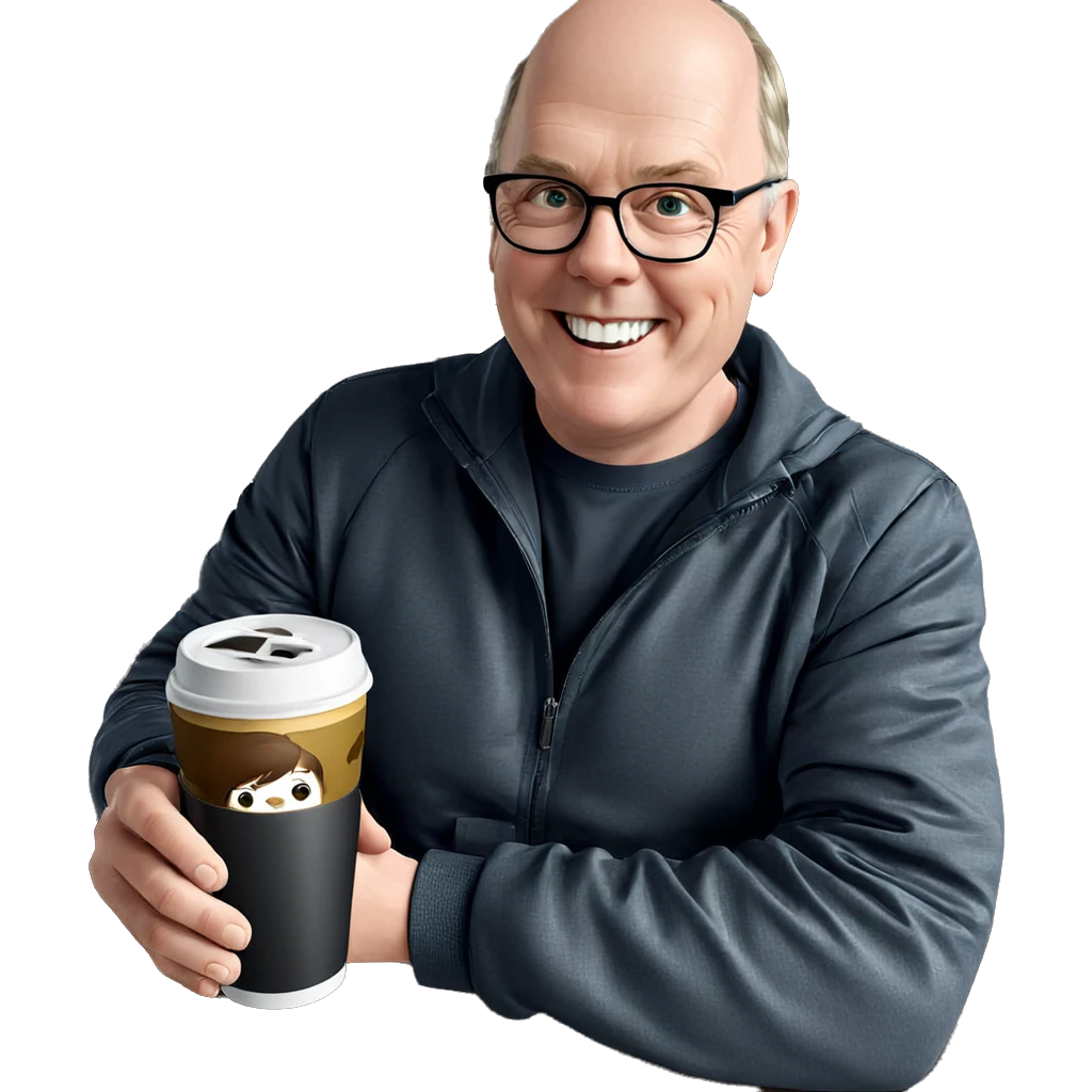 smiling boy with jacket cup emoji