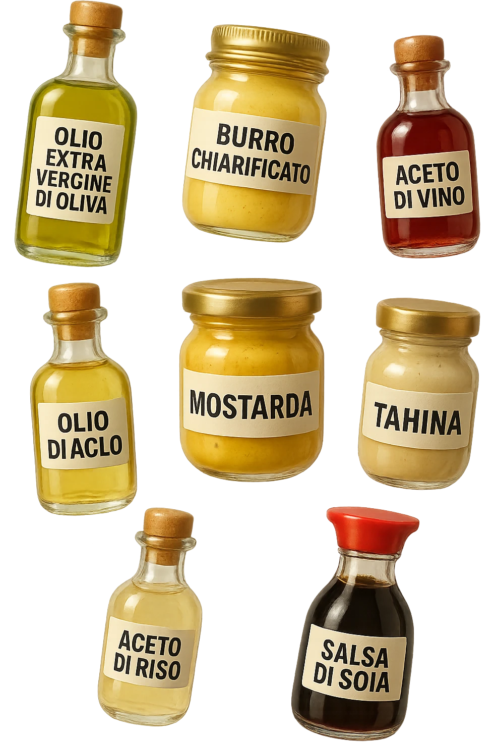 emoji stile iphone 3d di questi elementi che fluttuano in aria sparsi casualmente:

Olio extravergine d’oliva, burro chiarificato
Olio all’aglio (senza pezzetti)
Aceto di vino, aceto di riso, senape, tahin
Salsa di soia fermentata (senza aglio/cipolla)


 che fluttuano sparse casualmente in aria, le etichette dei prodotti scrivile in italiano, iperealistico 4k emoji