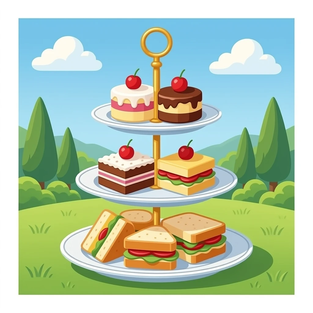 Elegant English afternoon tea stand with cakes and sandwiches emoji