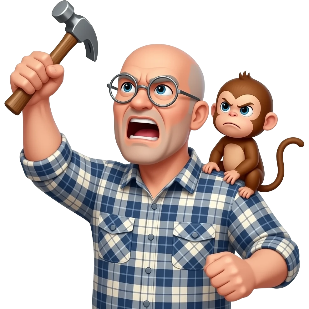 Angry old man with a plaid shirt with silver round glasses balding, NO beard & NO mustache yelling at the sky and shaking his fist angrily at the sky holding a hammer in his LEFT hand and a angry baby monkey on his shoulder. emoji