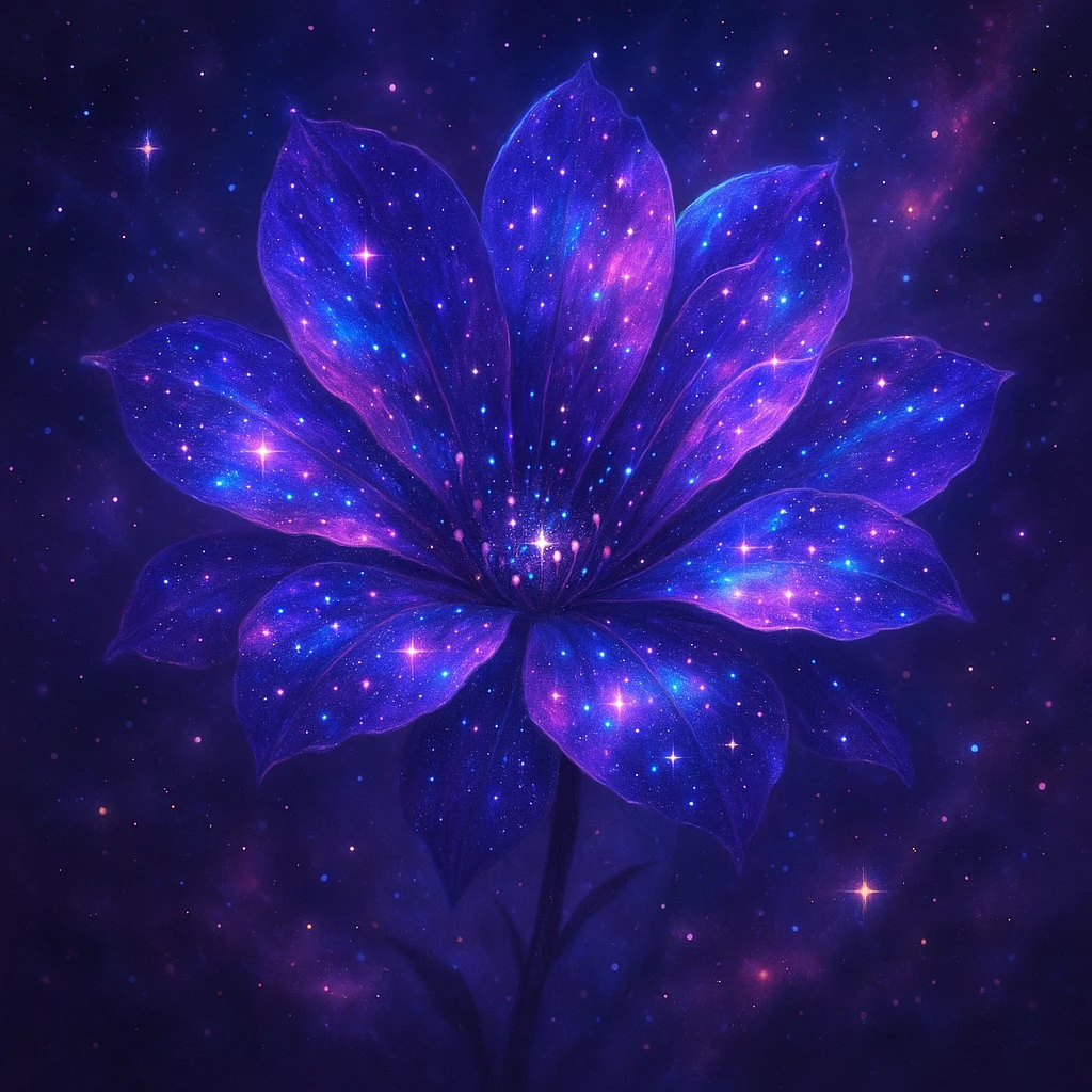 a flower with galaxy colors and cosmic patterns, glowing petals, starry details, dreamy and magical emoji