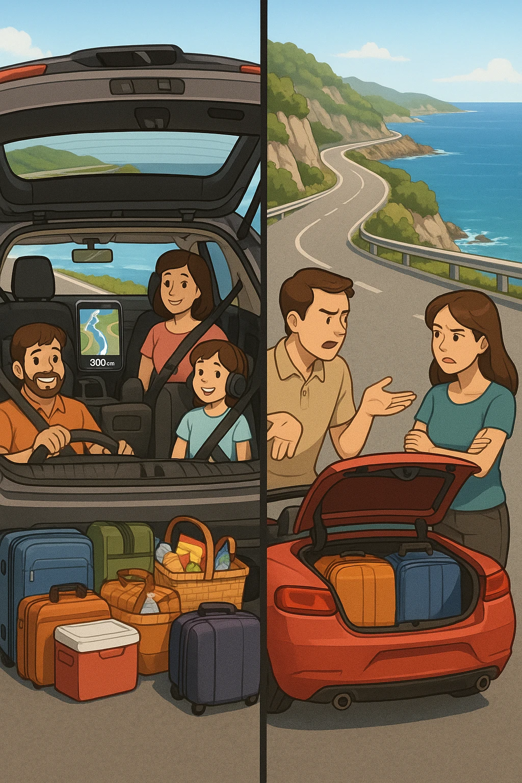 "Spacious family SUV loaded with luggage, snacks, entertainment for kids, GPS showing clear 300km route planned with rest stops, happy family ready for road trip; contrasted with impractical two-seater convertible with no storage space, couple arguing about what to leave behind, suitcases barely fitting, comfort vs style dilemma, Italian coastal highway background" emoji