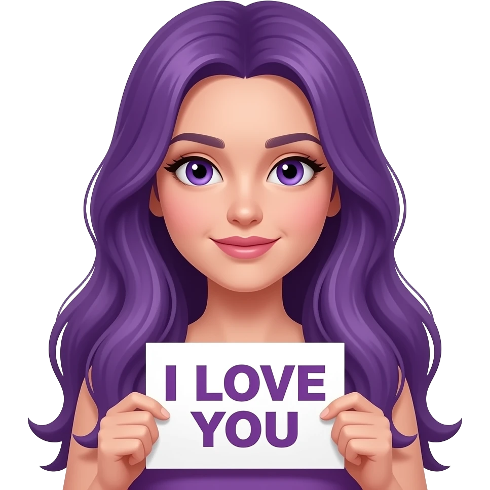 sexy girl with long purple hair and purple eyes holding I LOVE YOU sign emoji