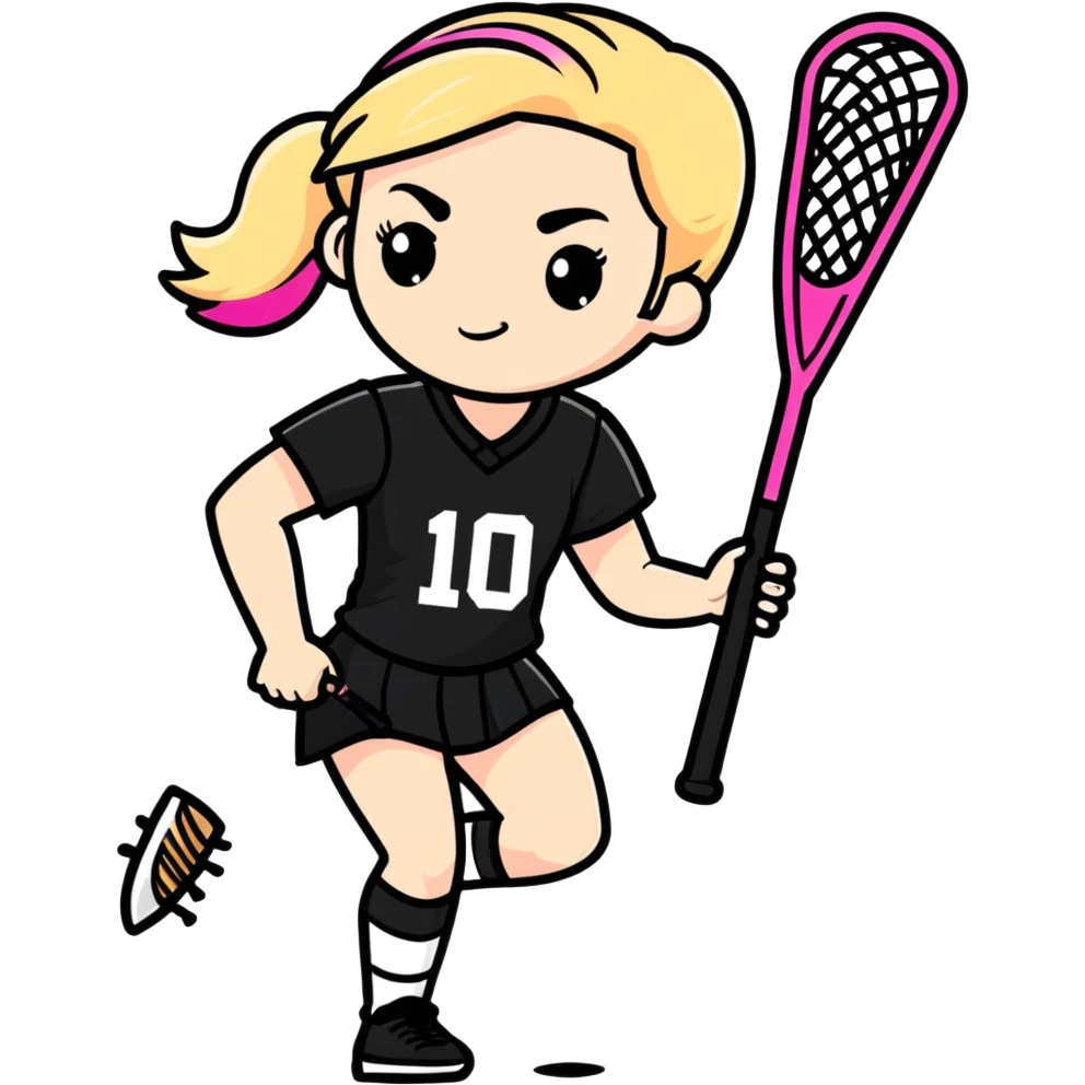 Women lacrosse player with a pink stick and all black uniform and blonde hair cool and athletic   emoji
