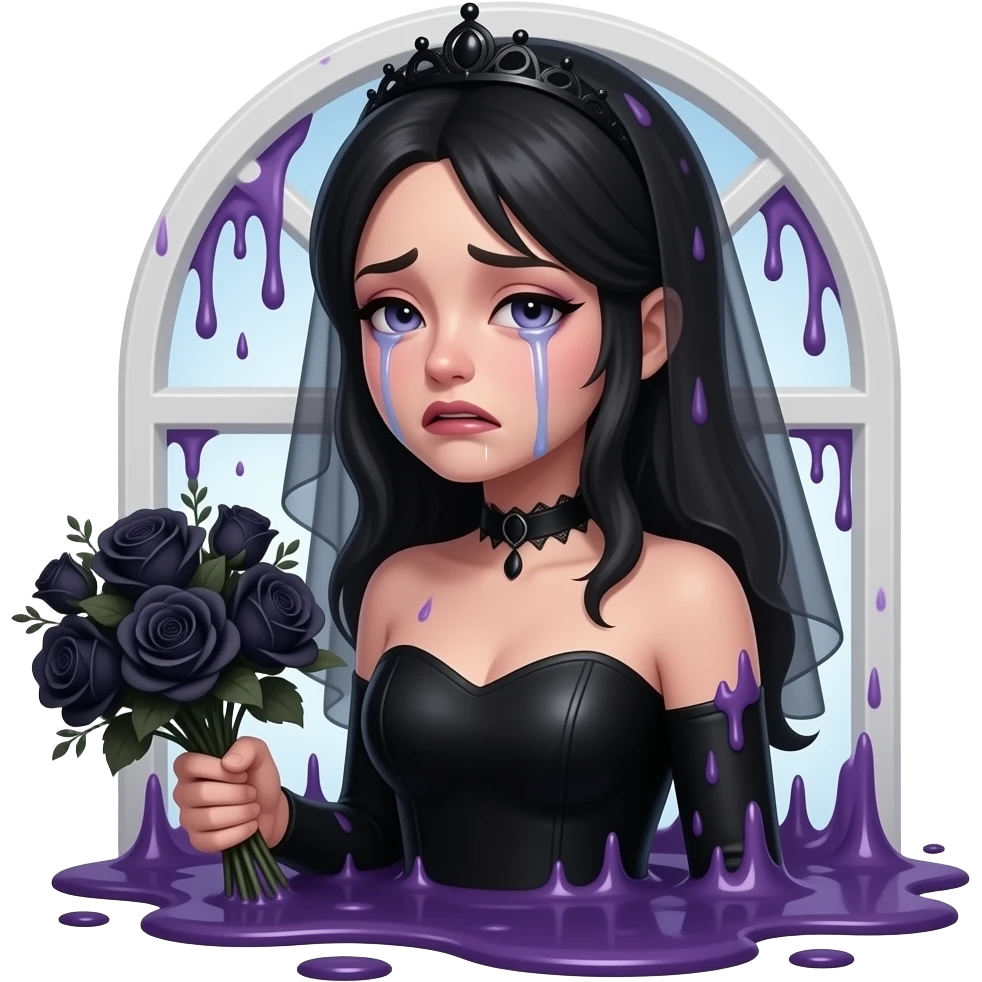 black and purple melting horror goo bride crying with a window melting behind her back holding withered black flowers bouquet emoji