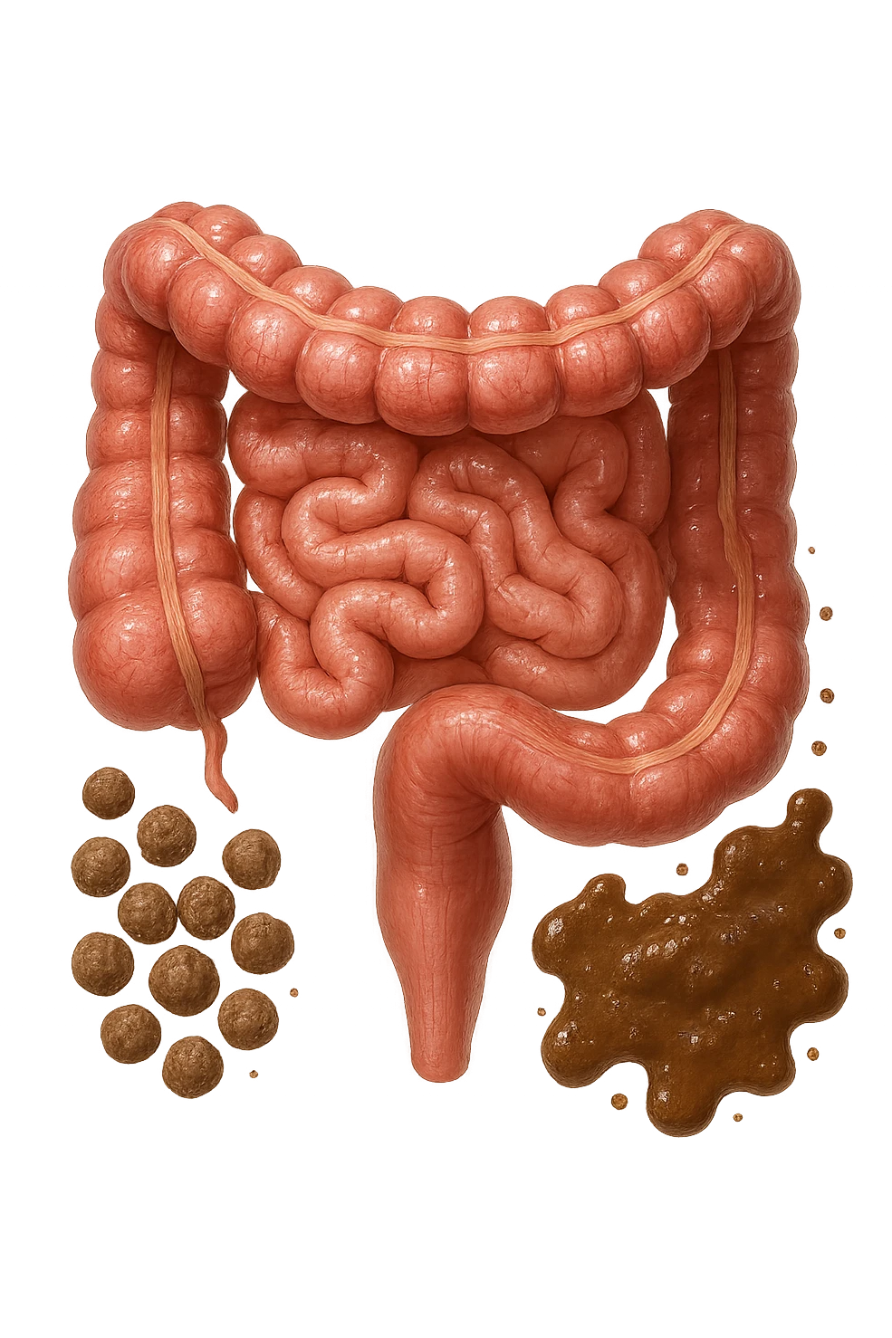 INTESTINO UMANO ANATOMICO REALISTICO CON FECI A PALLINE E FECI LIQUIDE CHE FLUTTUANO DIETRO BEN DISTINTE, IPERREALISTICO 4K emoji