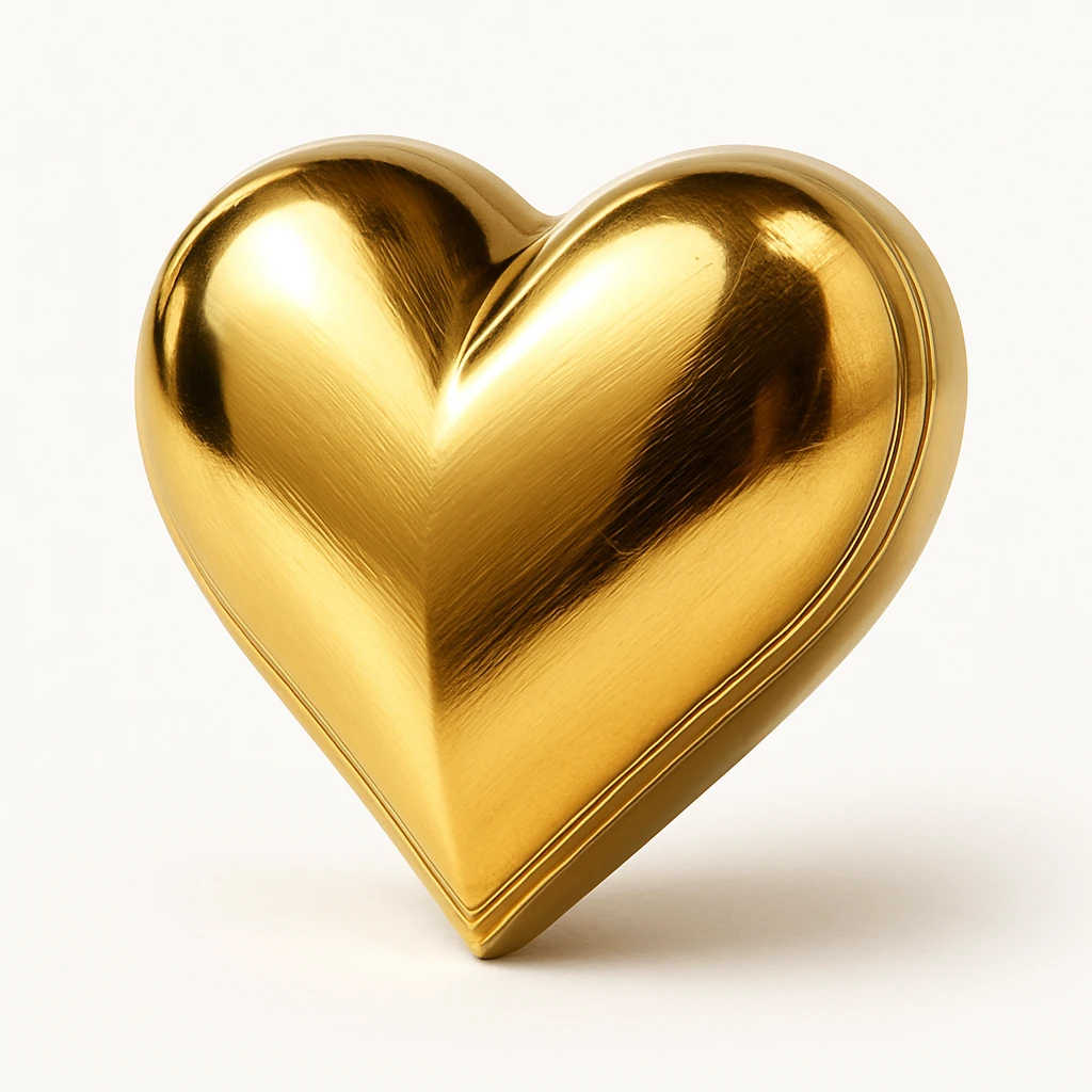 photorealistic gold heart with sparkles and metallic shine, realistic drop shadow, white clean background emoji