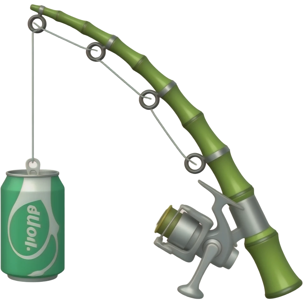a fishing pole made out of green bamboo with a green pop can as the reel emoji