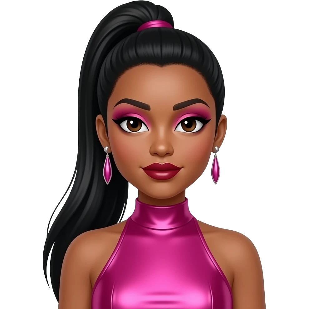 Brandi Williams from Blaque with dark brown eyes, long black  straight high ponytail hair, hot pink eyeshadow, dark red lipstick, hot pink metallic high neck dress, earrings emoji