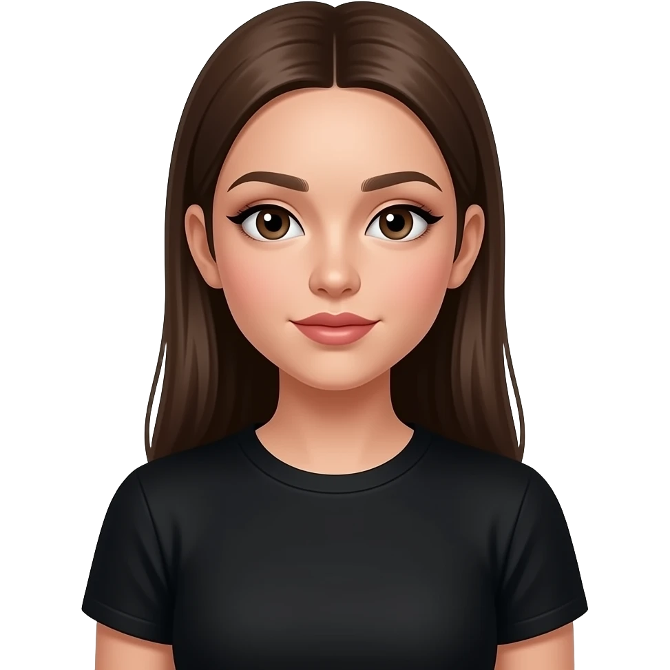 JN - teenage girl, lots of make up, very straight very long medium brown hair, black crew neck t-shirt emoji