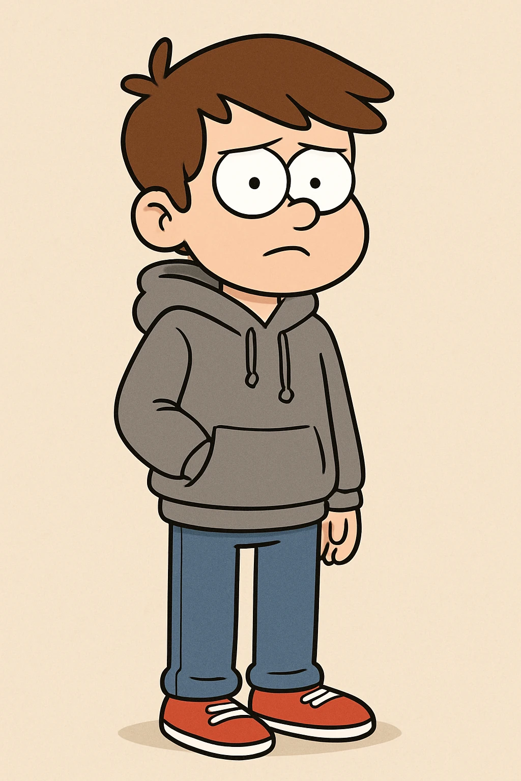 a boy brown hair grey awdis kids hoodie blue jeans red shoe  emoji