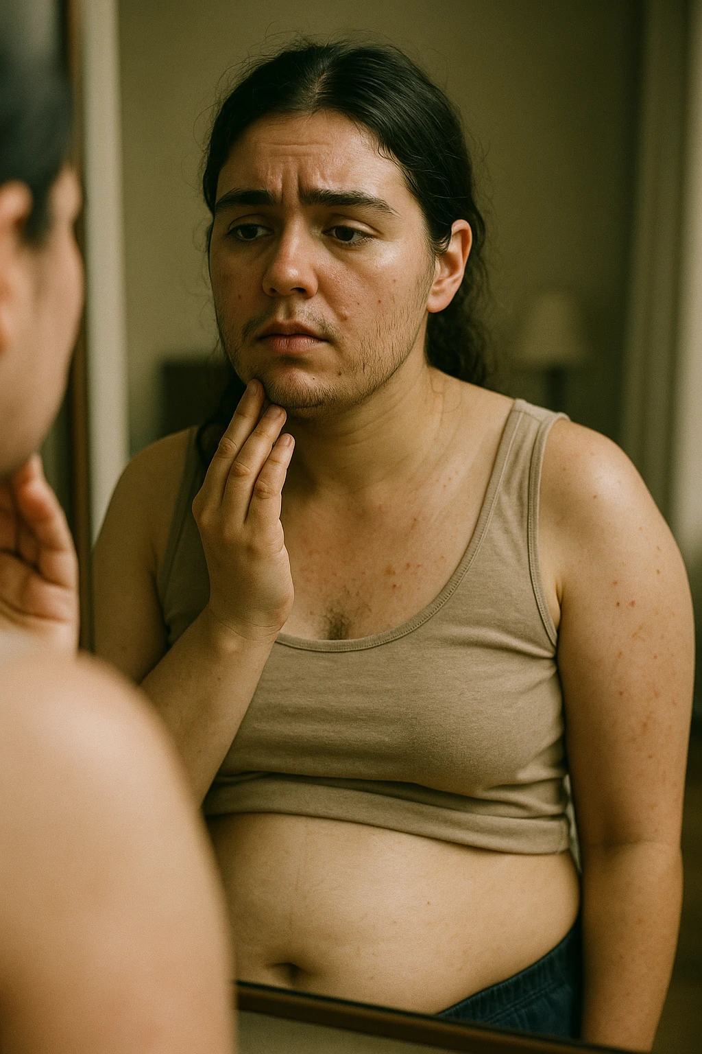 A realistic, cinematic portrait of a young woman in her late 20s standing in front of a mirror, visibly concerned while touching her chin and jawline where small dark facial hairs are noticeable, indicating hirsutism. Her skin appears oily, with a few cystic acne spots on her cheeks and jaw, and her dark hair is slightly greasy, indicating increased sebum production due to androgen excess. Her body shows mild abdominal bloating, and she looks at herself with a mix of frustration and sadness, capturing the emotional struggle linked to PCOS. The scene is set in a softly lit bedroom or bathroom with neutral daylight, with a clear mirror reflection to emphasize self-observation and discomfort. Style: realistic 35mm cinematic look, soft focus on her face and hair details, warm tones to keep it human and relatable emoji