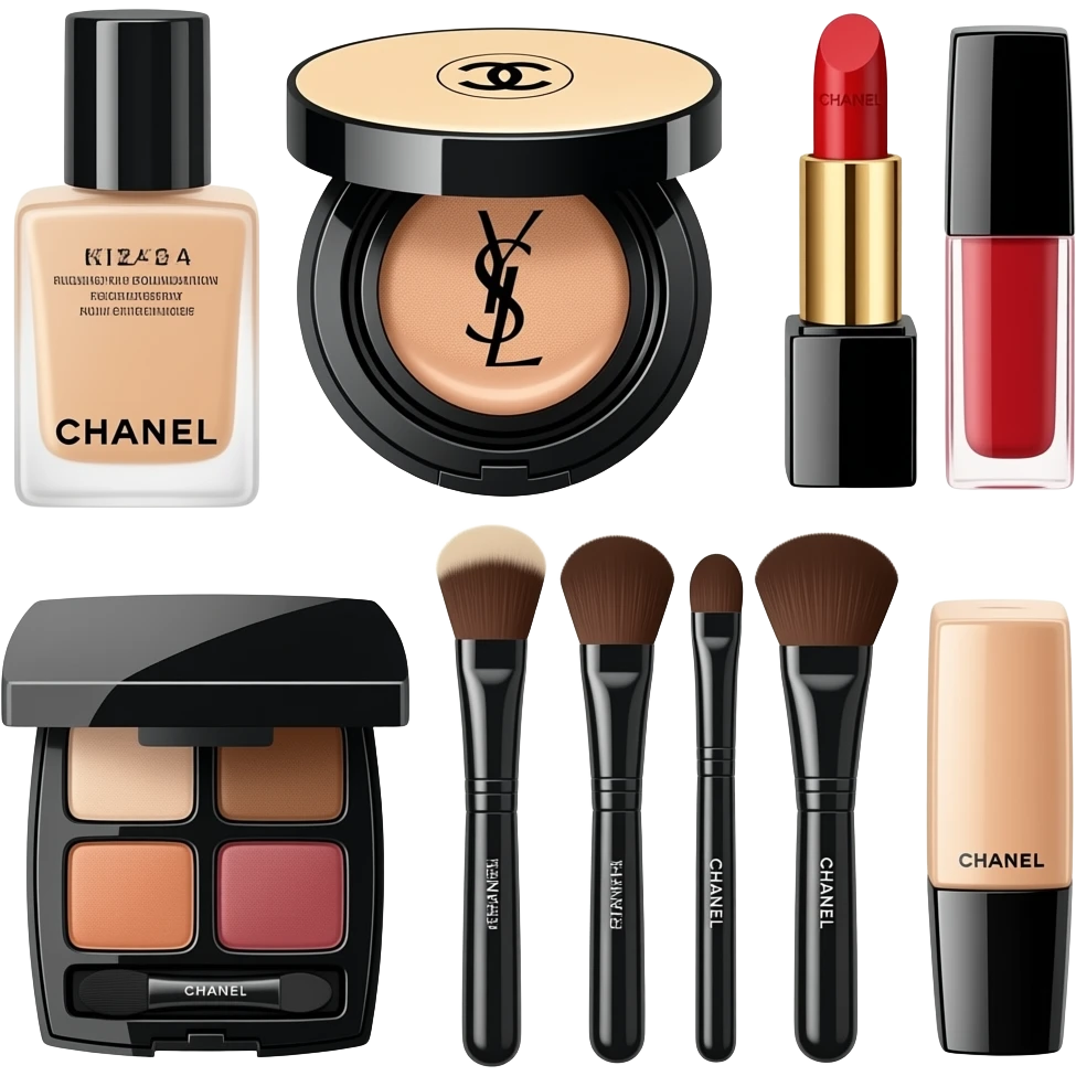 Chanel foundation, YSL cushion, Chanel blush, lipstick, eyeshadow palette, makeup brushes, concealer, and other cosmetic sets emoji