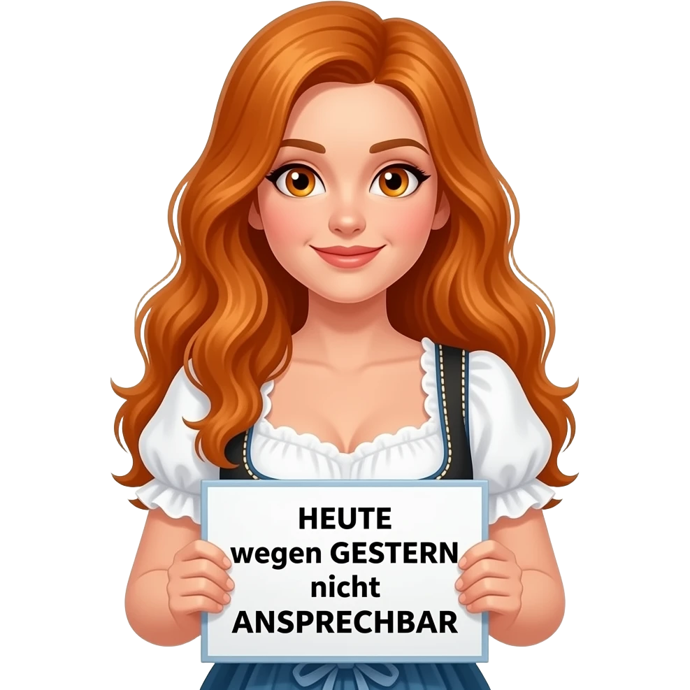sexy girl with overlong ginger hair and ginger eyes wearing a dirndl holding HEUTE wegen GESTERN nicht ANSPRECHBAR sign emoji