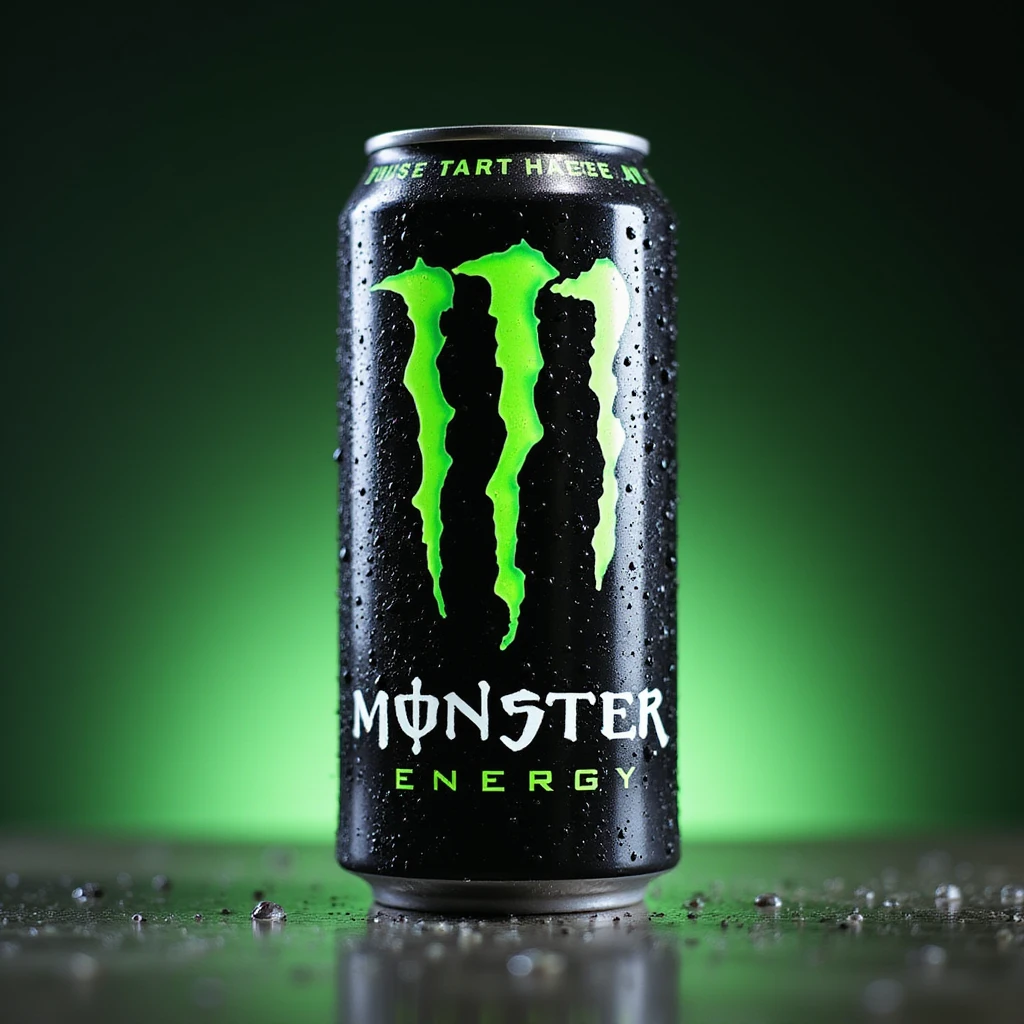 photorealistic studio lighting of cold monster energy drink can with water droplets and neon green branding, on a gradient background emoji