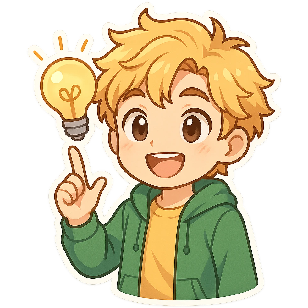 bright and expressive male visionary, fair skin, tousled golden hair, wide joyful eyes, wearing a green hoodie over a yellow tee, one hand raised with a glowing lightbulb, waist-up, front-facing emoji