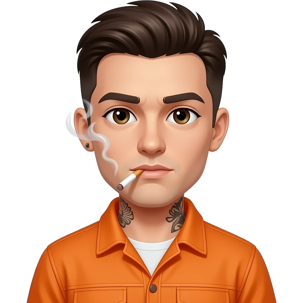 Face tattoos short dark brown hair  wearing an orange jumpsuit smoking a cigarette emoji