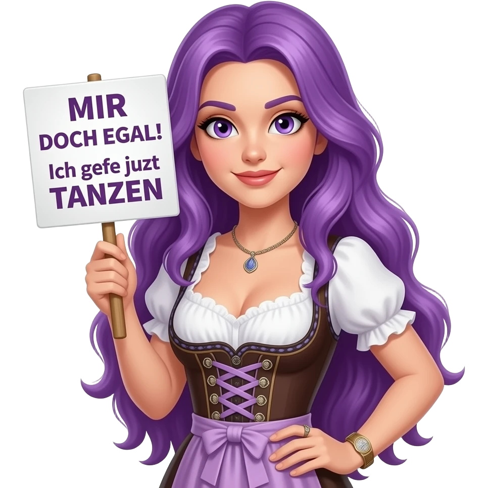 sexy girl with long purple hair and purple eyes wearing a dirndl holding a MIR DOCH EGAL! Ich gehe jetzt TANZEN sign emoji