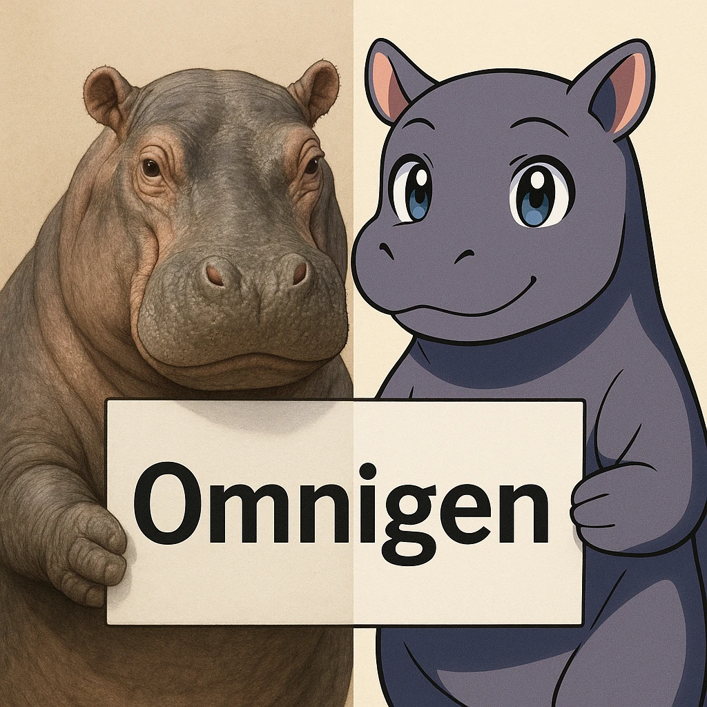 two hippo holding sign of omnigen, half picture 1 hippo is realistic another half is the anime of that same second hippo emoji