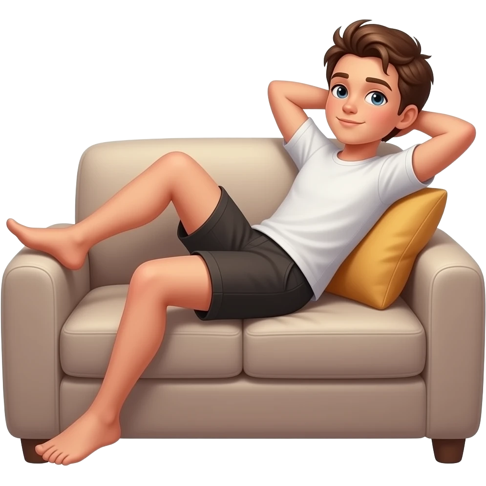 A person lying on a sofa, one leg crossed over the other, with hands behind the head emoji