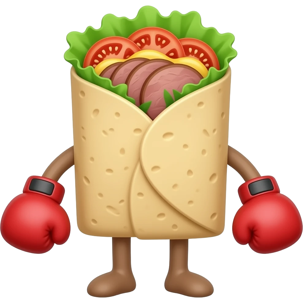 Doner kebab emoji in an open flatbread (not wrapped like a dürüm), visible filling with layered meat slices, lettuce, tomato and sauce, bread folded but open at the top, small boxing gloves, no arms or legs, clean glossy emoji style emoji