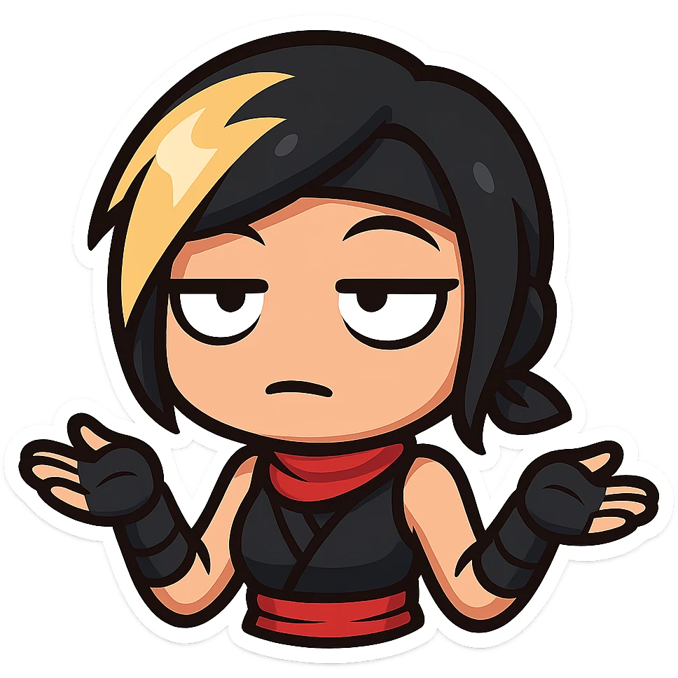 Sexy chibi ninja girl with black short hair and a blonde streak, only head and arms, colorful chibi style with bold outlines, transparent background, no mask, rolling eyes expression with eyes looking up and mouth in a flat line, sized for Twitch emoji use. emoji