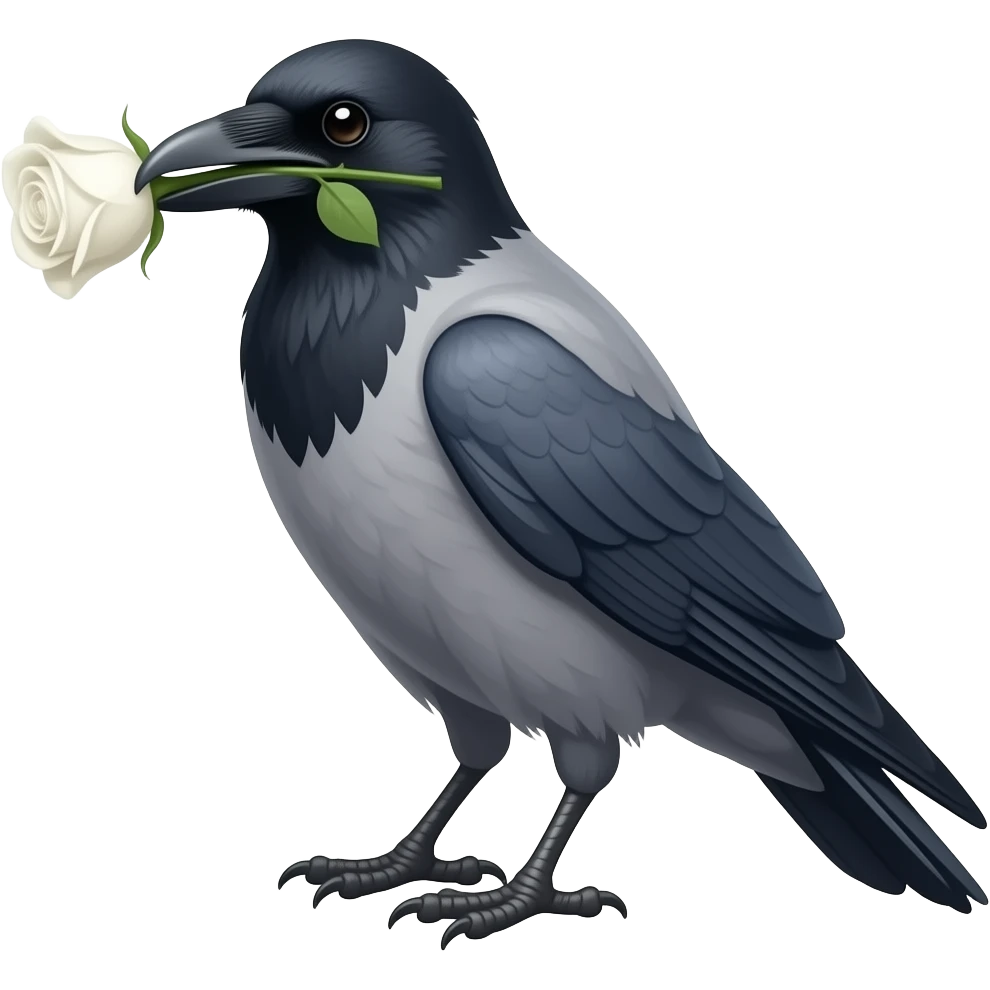 a grey crow with a white rose in its beak emoji
