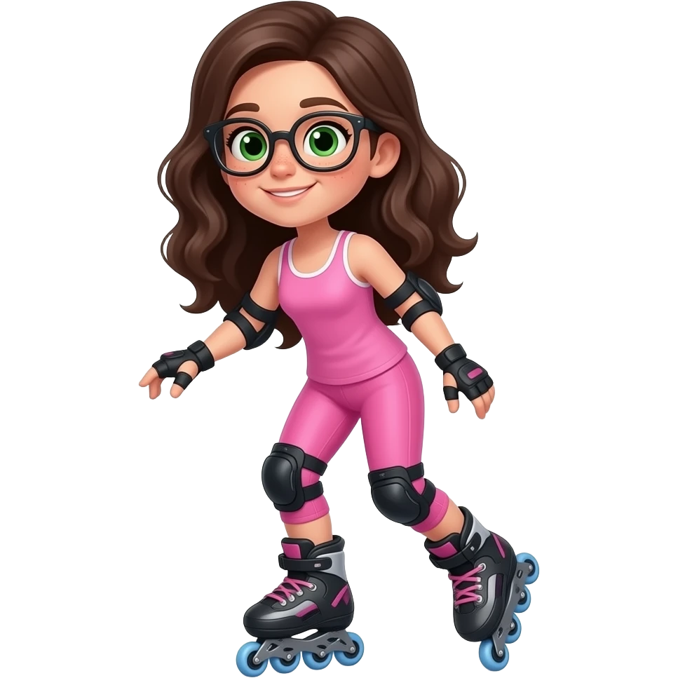 young girl in the style of iphone emoji people, fair skin, green eyes, glasses, freckles,long dark brown wavy hair, pink tank top and pink leggings, rollerblading emoji