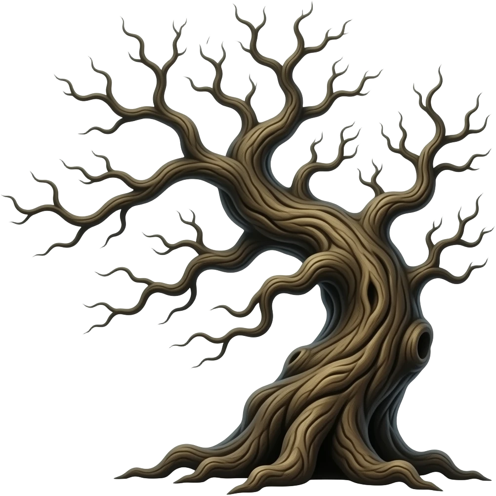 large twisted tree with long aggressive branches in motion, dynamic pose, slightly ominous look, centered, 3D glossy emoji style, clean background emoji
