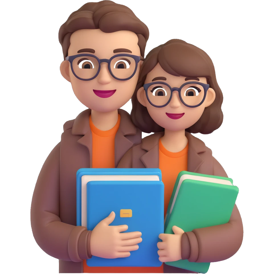 memoji of a college student, wearing glasses, holding books, cheerful, modern hairstyle emoji
