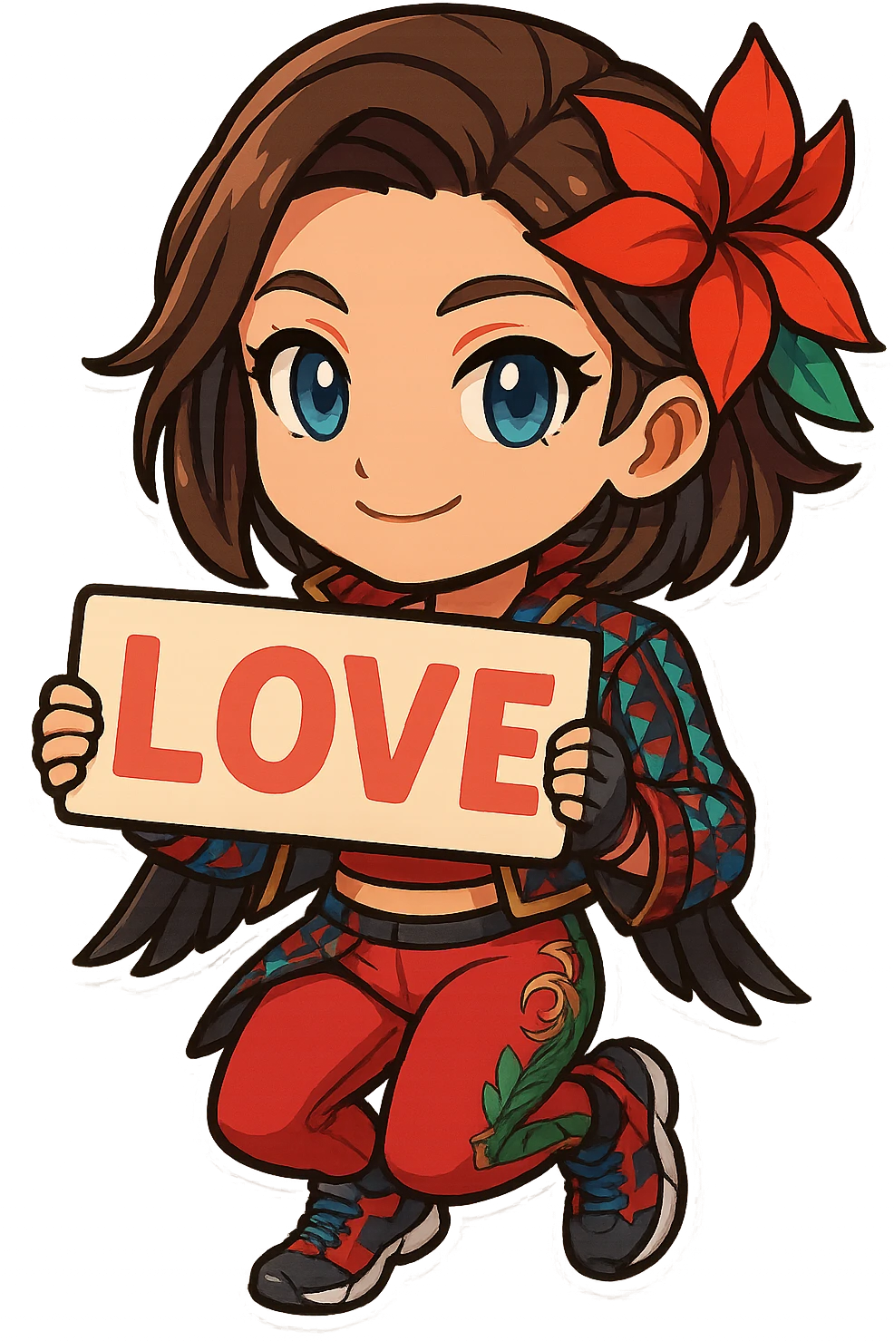 Azucena from Tekken 8 in chibi sticker style, holding a sign that says 'LOVE', sweet expression, wearing the detailed red and patterned outfit from the reference images, designed for Twitch emote use. emoji