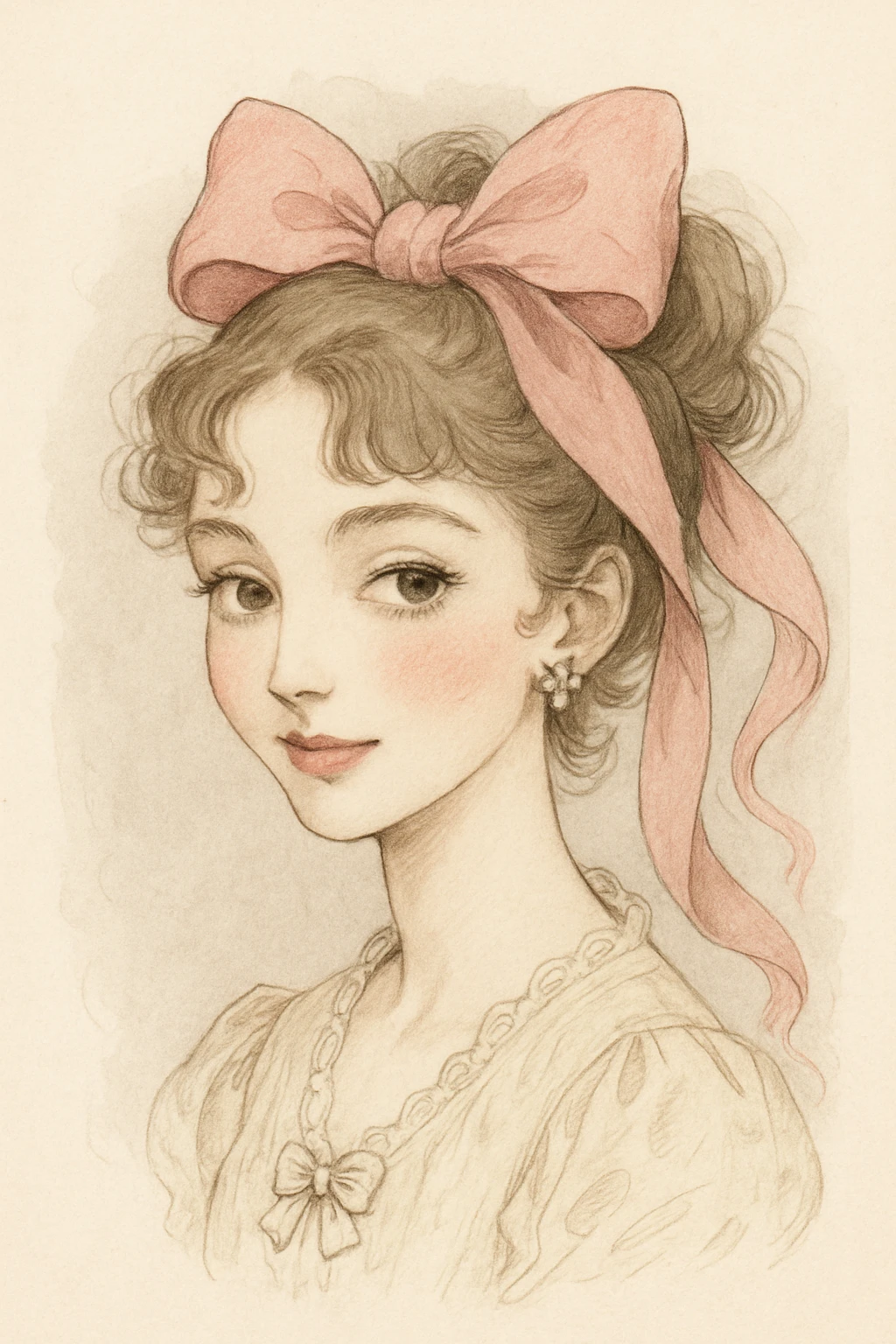 digital illustration style coquette woman with delicate details, large pink bow, elegant and artistic emoji