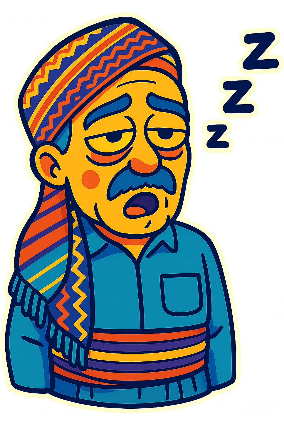 Create a cartoon sticker with a sleepy expression in the style of Flux Pro, with a transparent background. The style should reflect the vibrant and pop colors typical of Flux Pro style. emoji