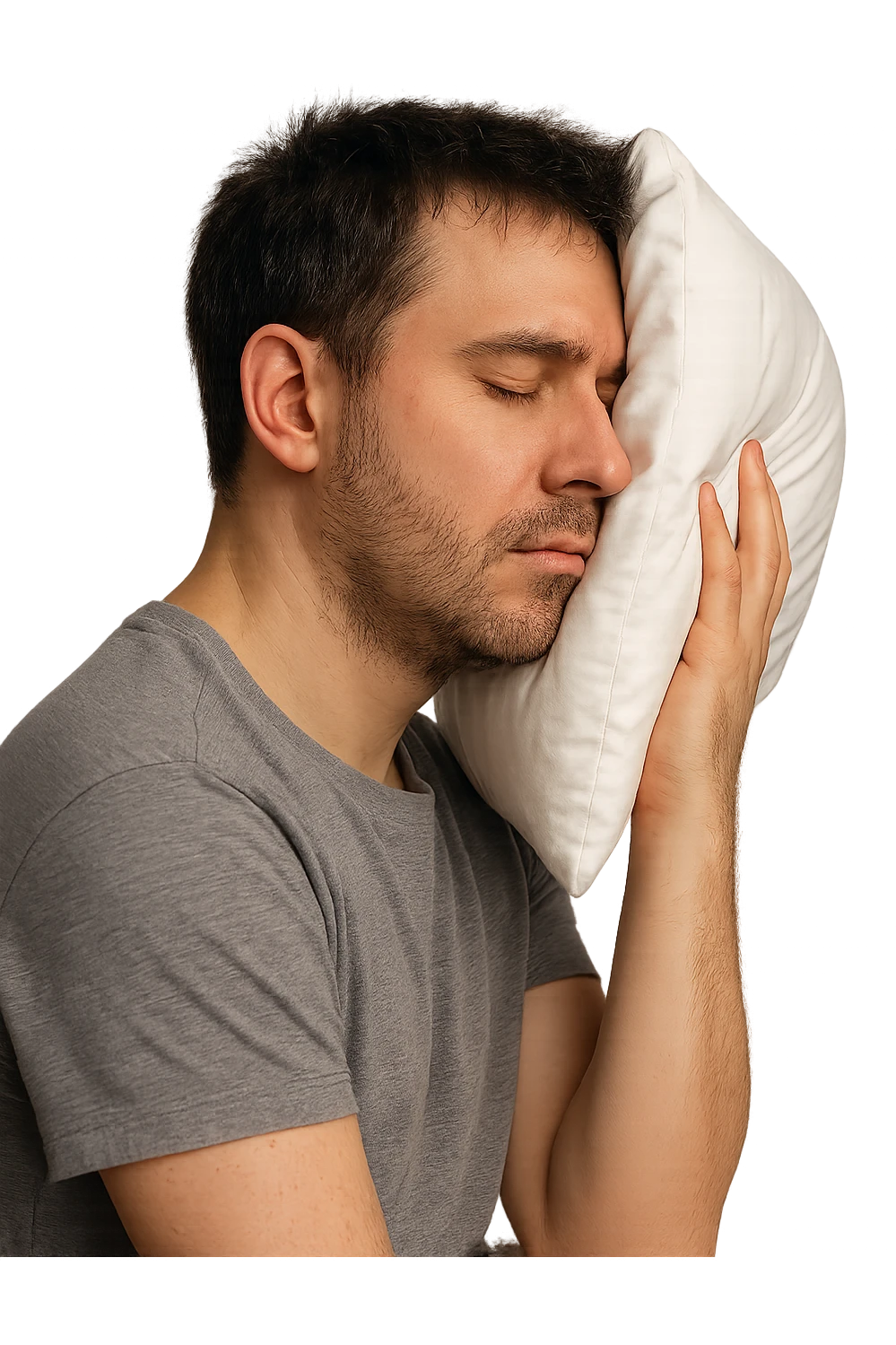 uomo di profilo assonnato che si tiene un cuscino contro la testa, occhi chiusi, iperrealistico 4k, isolato su sfondo bianco emoji