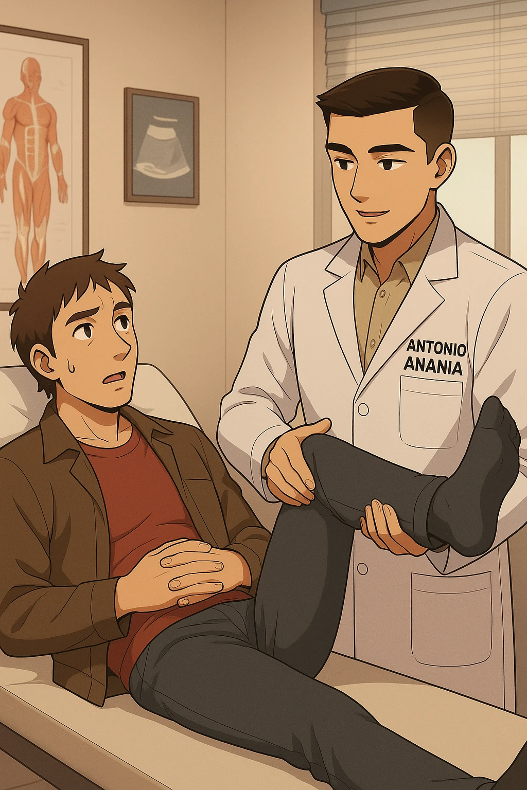 fai un webtoon manga a colori con questo stile, in cui un uomo è steso sul lettino medico e il kinesiologo con il camice bianco (fagli anche la scritta "ANTONIO ANANIA" SUL CAMICE, gli solleva una gamba per fargli il test neuromuscolare, IL KINESIOLOGO SPIEGA ALL'UOMO UNA cosa mentre gli alza la gamba. non fare i fumetti però, fai solo in modo che sembri stiano parlando emoji